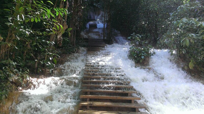 Wooden Steps in Waterfall