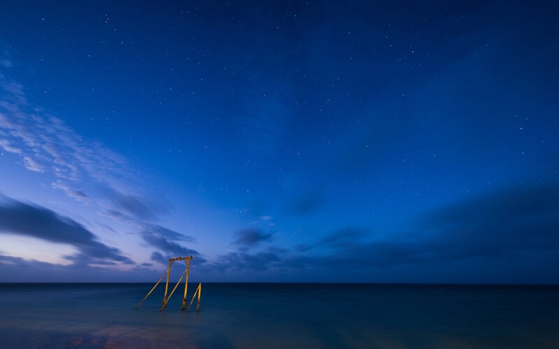 Wooden Structure in Water — Blue, Serene, Night
