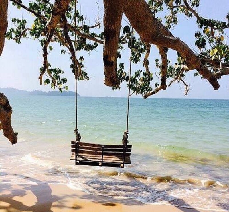 Wooden Swing on Beach — Blue, Serene, Afternoon