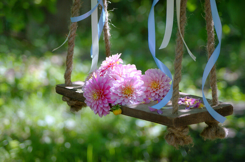 Wooden Swing with Flowers — Pink