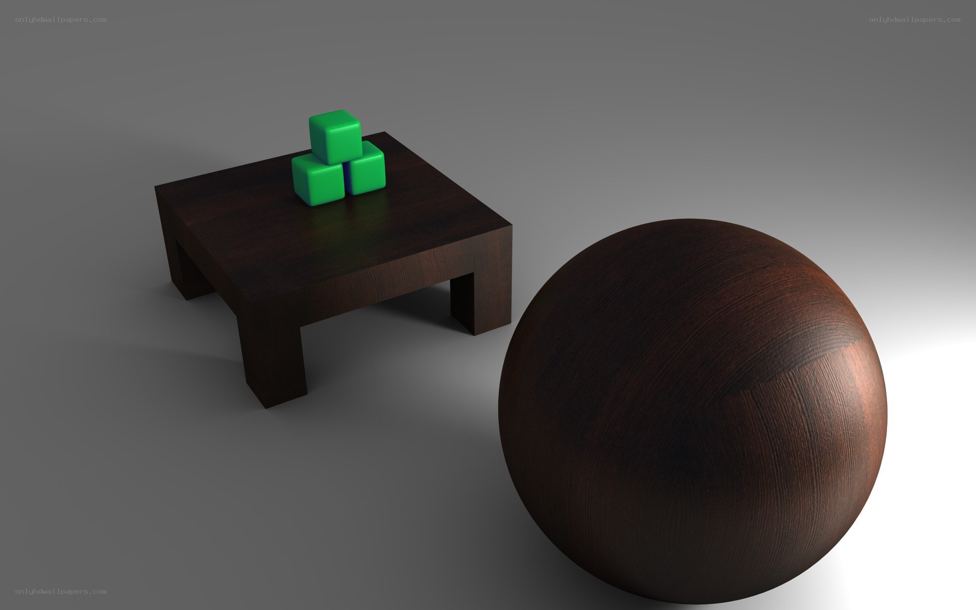 Wooden table and sphere with green cubes