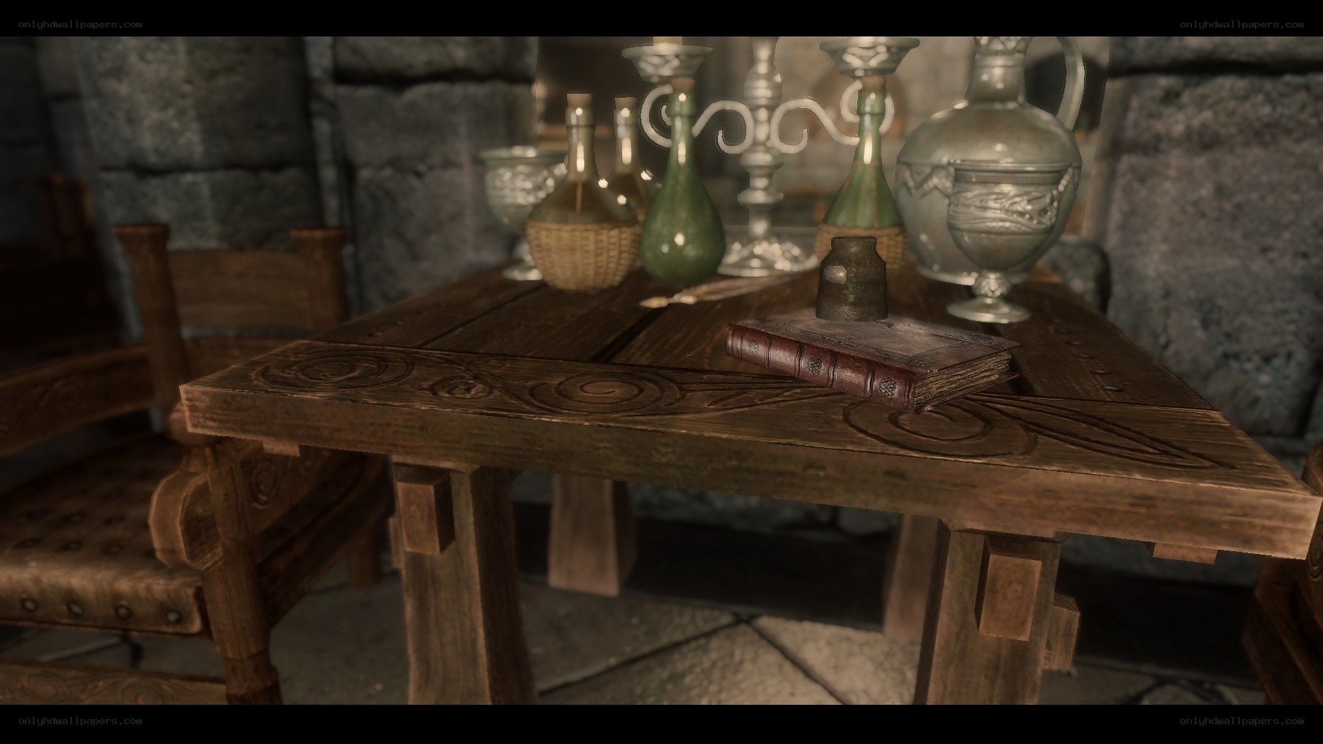 wooden table with book and bottles