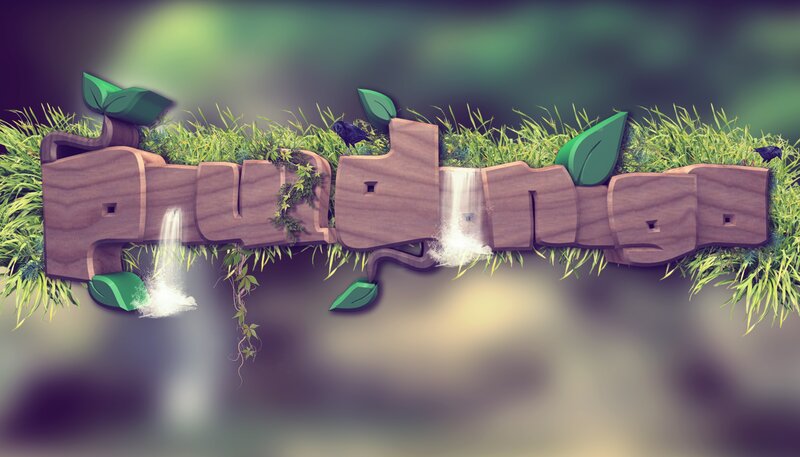 wooden text with waterfall and plants