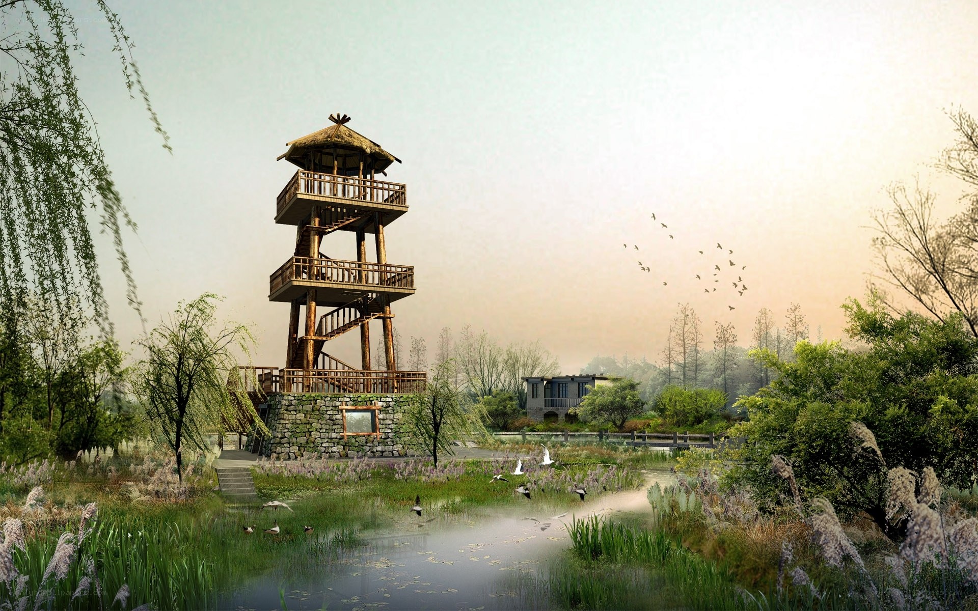 Wooden tower in wetland landscape