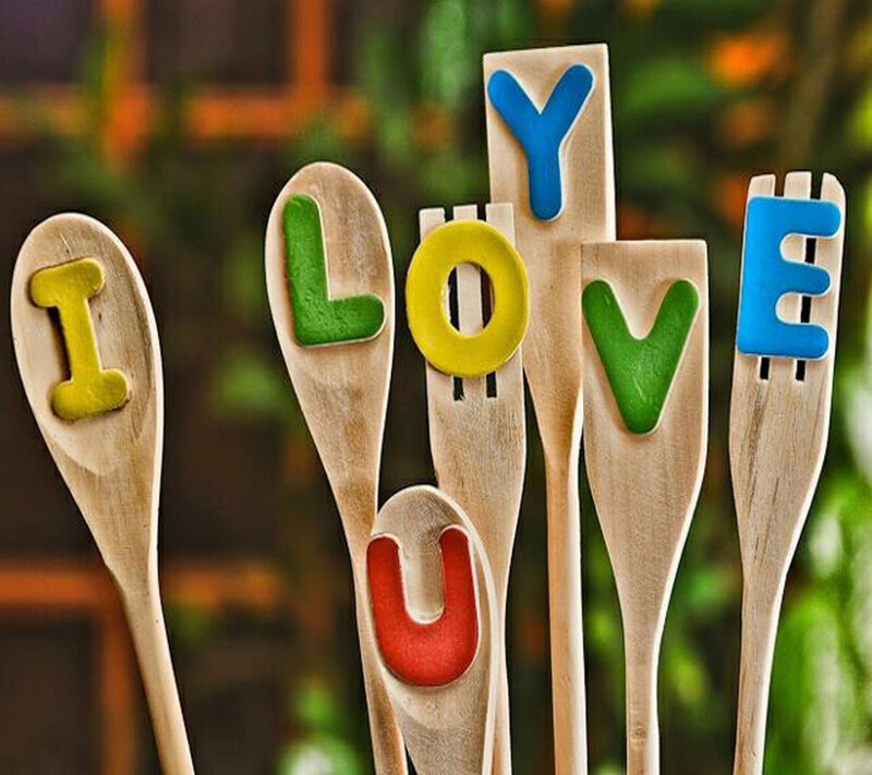 Wooden Utensils Spelling Love