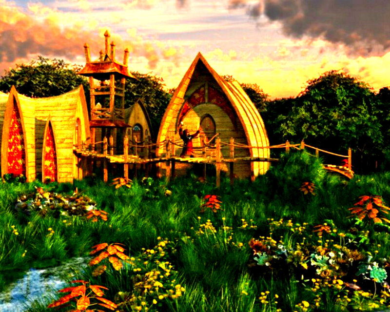 Wooden Village at Sunset
