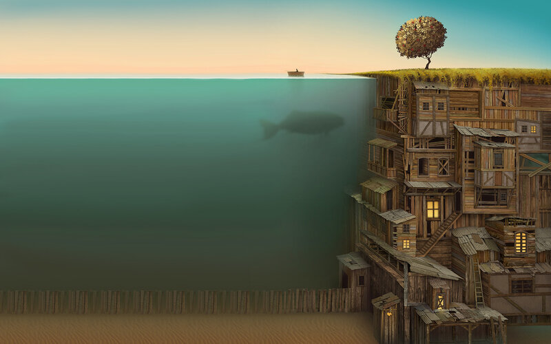 Wooden Village on Cliff — Blue, Serene, Sunset, Digital Art