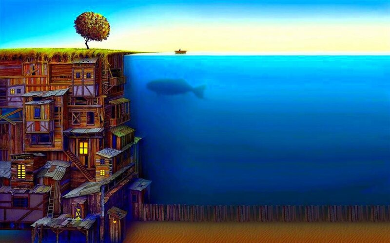 Wooden Village on Cliff — Blue