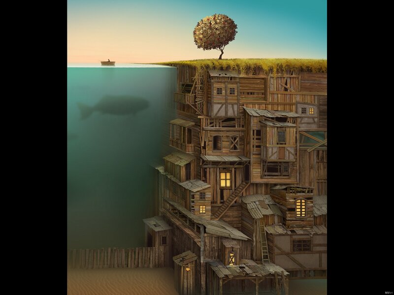 Wooden Village on Cliff — Brown, Serene