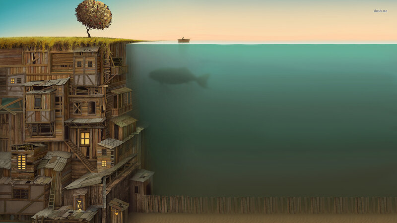 Wooden Village on Cliff — Green