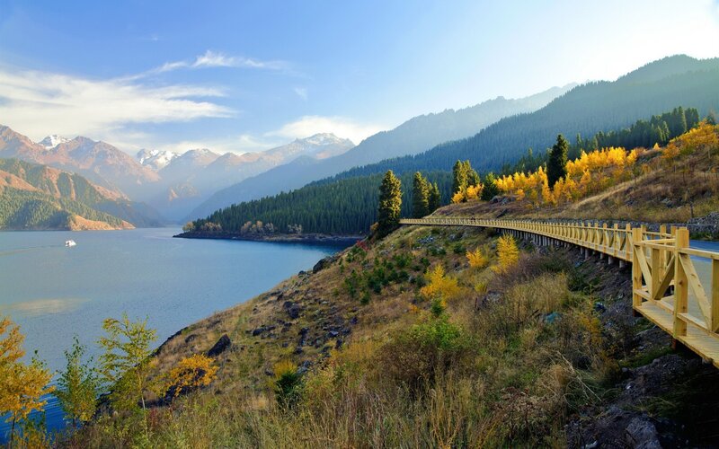 Wooden Walkway by Lake — Blue