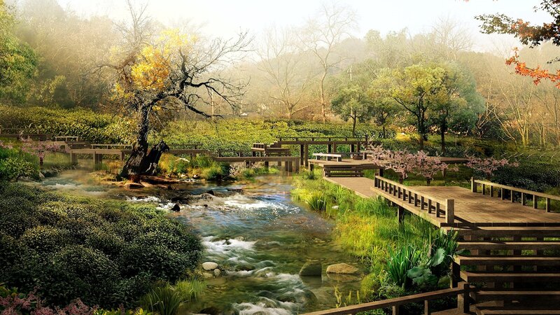 Wooden Walkway by Stream — Green