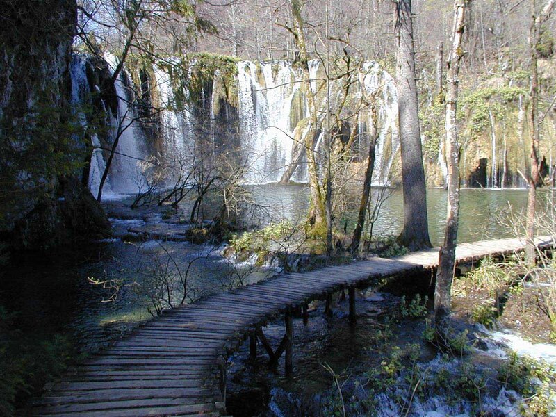 Wooden Walkway by Waterfall — Green