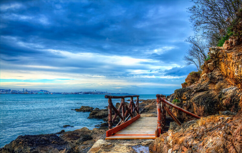 Wooden walkway on rocky coast