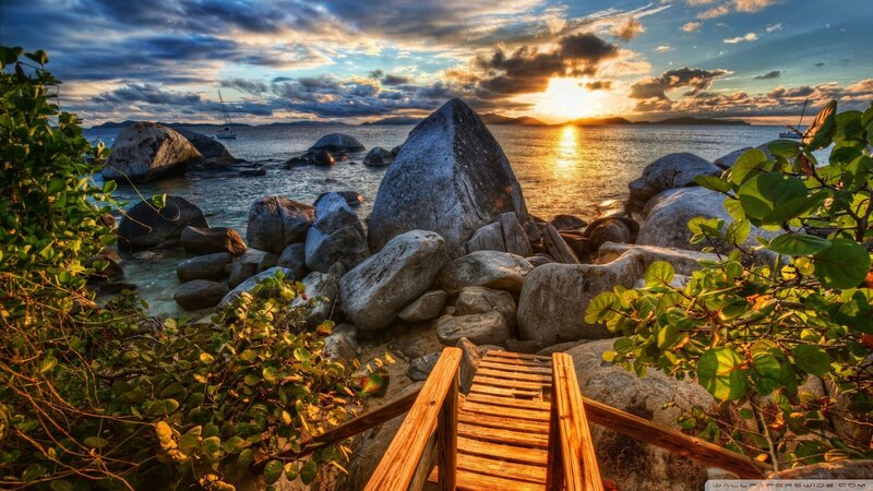 Wooden Walkway to Beach — Blue, Serene, Sunset
