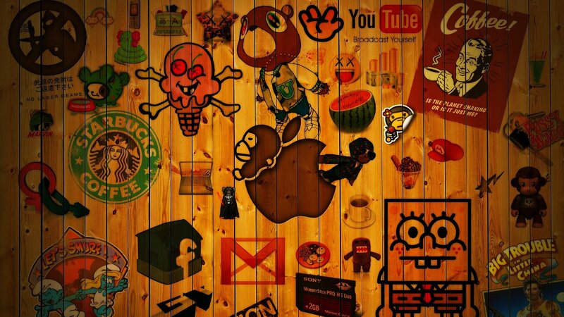 Wooden Wall with Stickers — Brown, Chaotic, Illustration