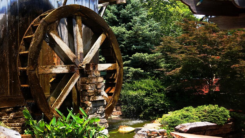 Wooden Water Wheel — Green, Serene, Afternoon, Photograph