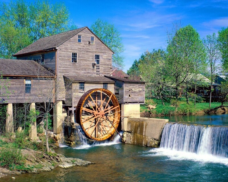 Wooden Watermill — Blue, Serene, Spring, Photograph