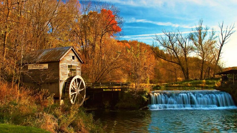 Wooden Watermill — Blue, Serene