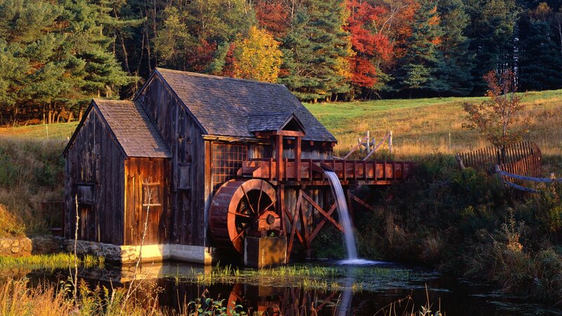 Wooden Watermill — Brown, Serene, Autumn, Photograph, River, Trees, Forest