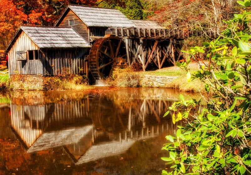 Wooden Watermill — Brown, Serene, Autumn, Photograph
