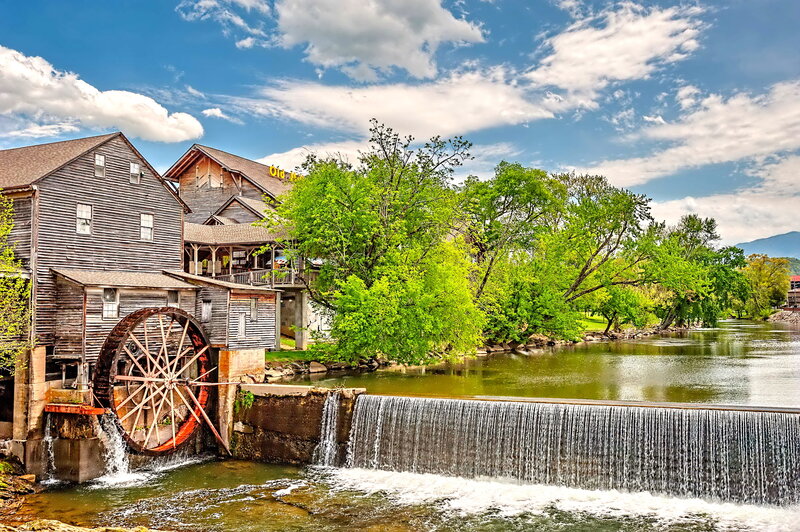 Wooden Watermill by River — Blue
