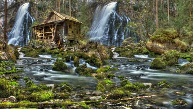 Wooden Watermill by Waterfall — Green