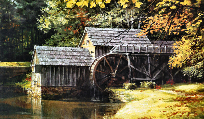 Wooden Watermill — Green, Serene, Autumn, Painting