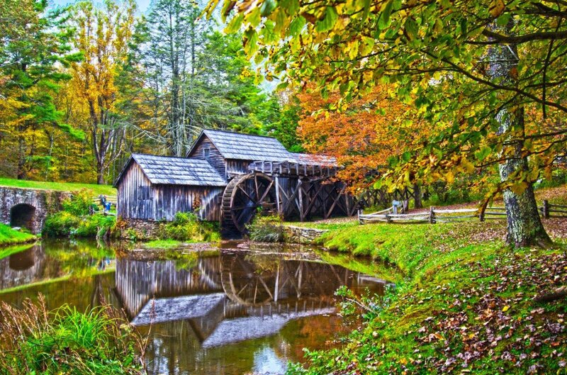 Wooden Watermill — Green, Serene, Autumn, Photograph, River