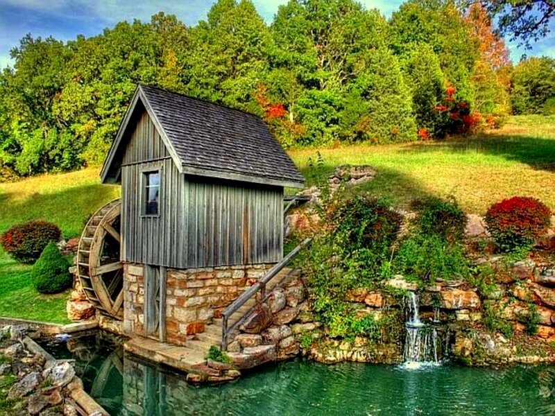 Wooden Watermill — Green, Serene, Autumn, Photograph
