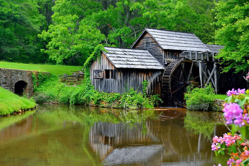 Wooden Watermill — Green, Serene, Spring, Photograph