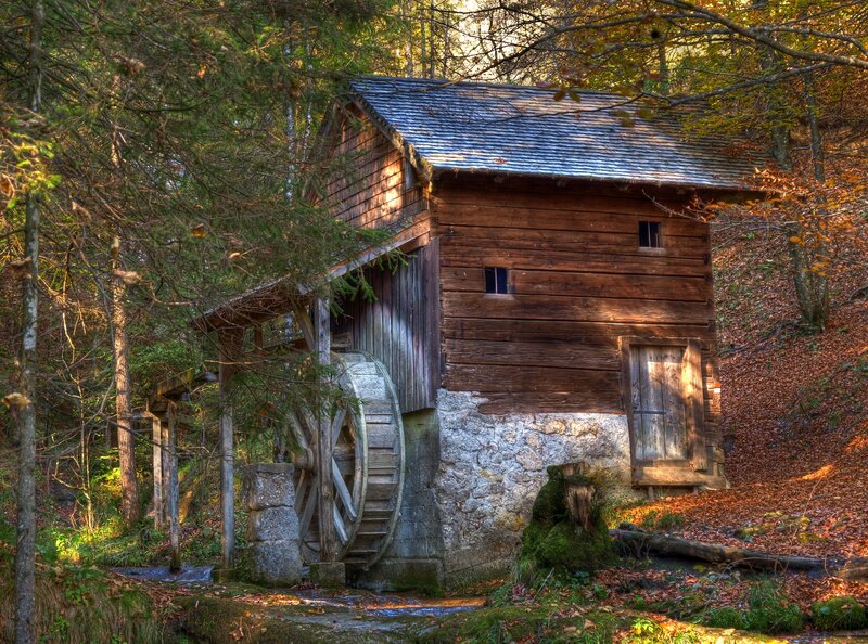 Wooden Watermill in Forest