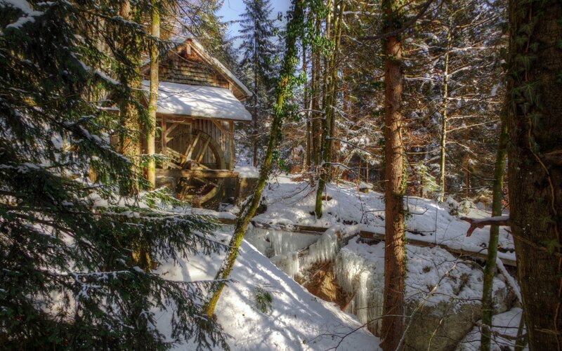 Wooden Watermill in Forest — White