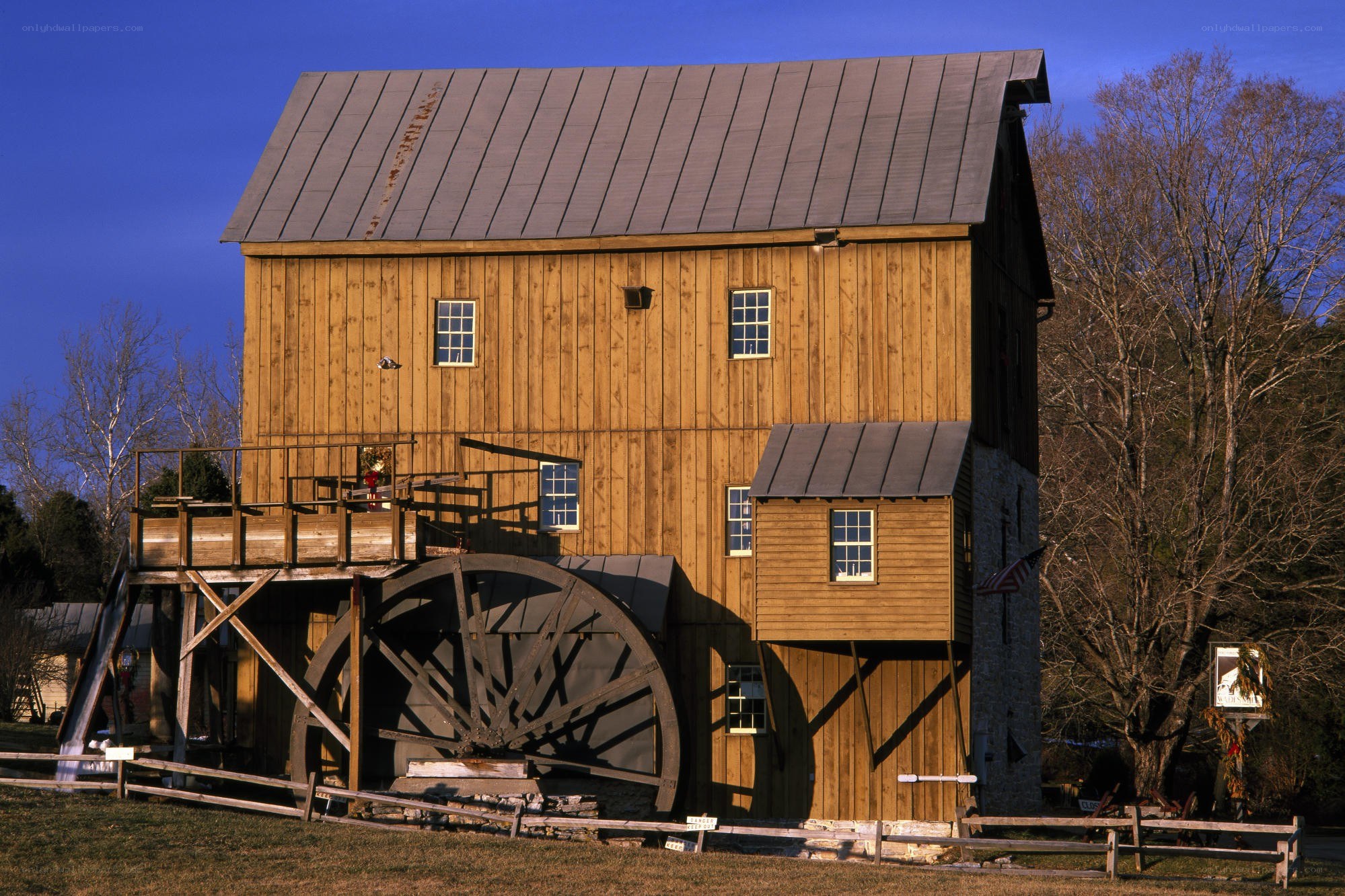 Wooden watermill with large wheel