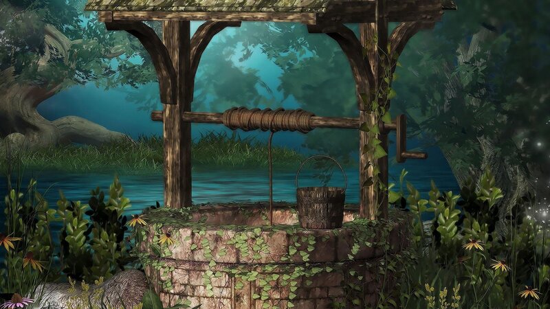 Wooden Well in Forest — Green, Serene, Night