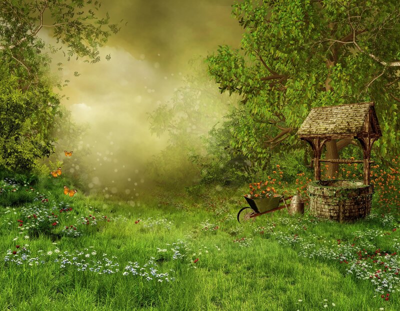 Wooden Well in Garden — Green, Serene, Morning