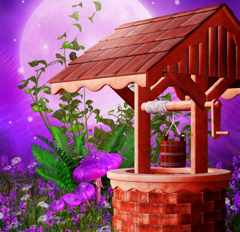 Wooden Well in Garden — Purple