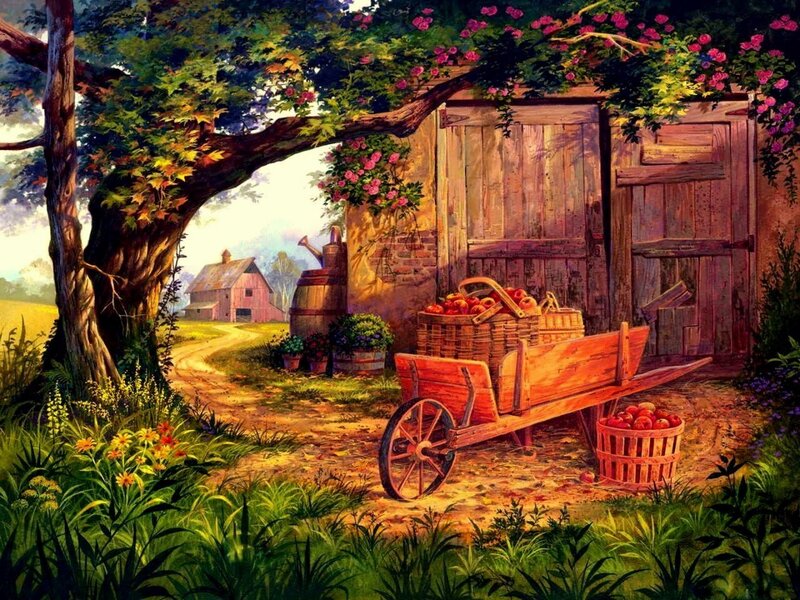 Wooden Wheelbarrow with Apples