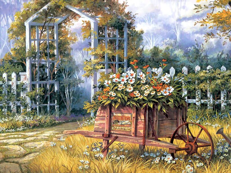 Wooden Wheelbarrow with Flowers — Green