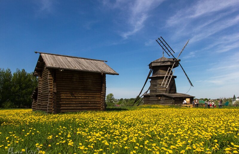 Wooden Windmill and Cabin