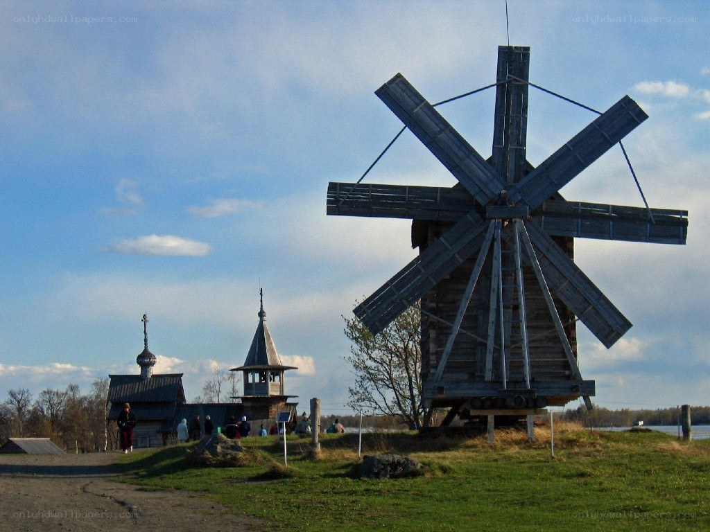 Wooden windmill and church