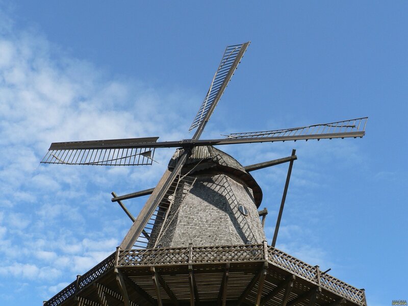 Wooden Windmill — Blue, Serene, Afternoon, Photograph, Sky, Clouds