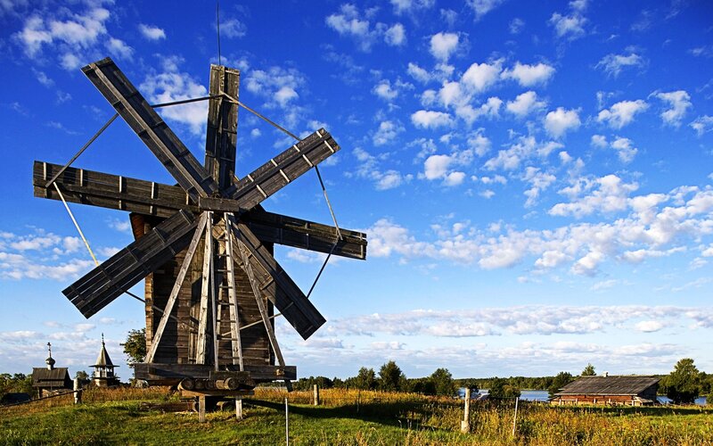 Wooden Windmill — Blue, Serene, Afternoon