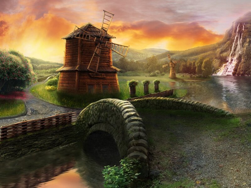 Wooden Windmill by River — Orange