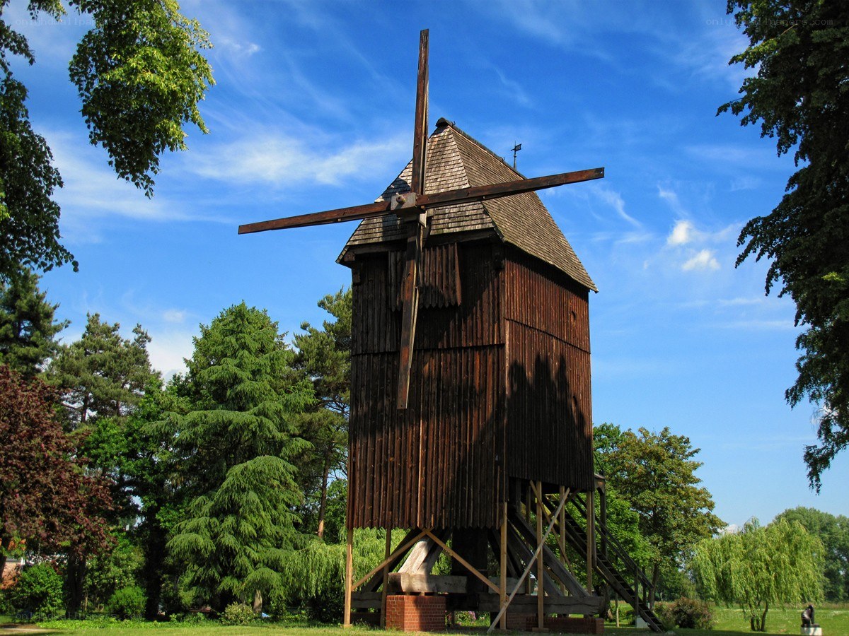 Wooden windmill in a park