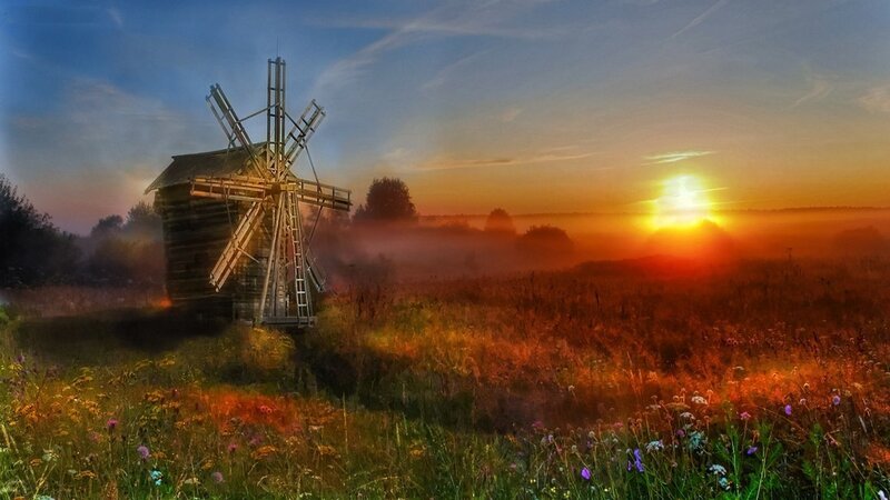 Wooden Windmill in Field — Orange