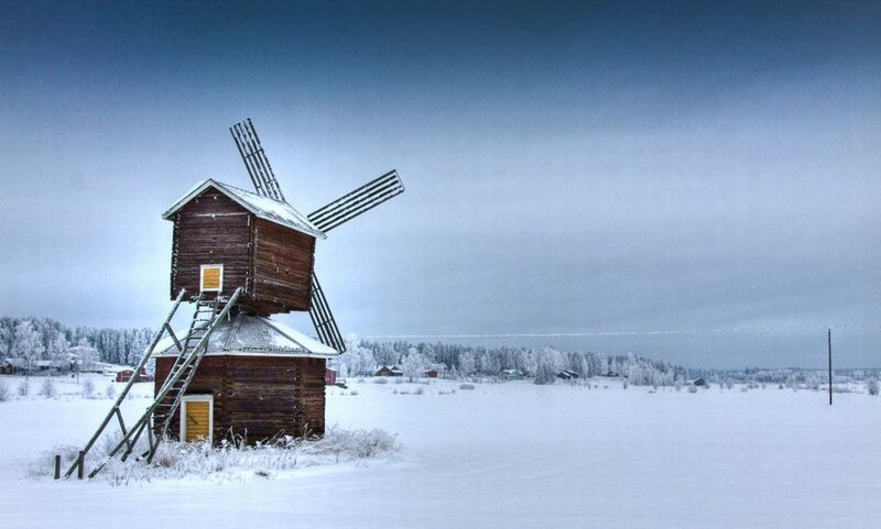 Wooden Windmill in Snow