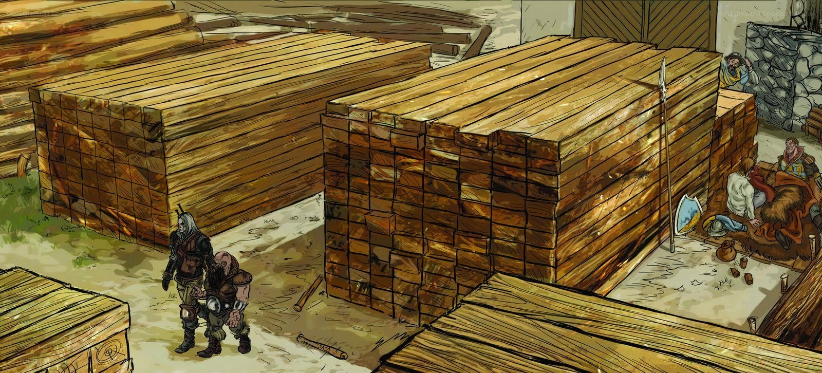 Woodpile scene with characters