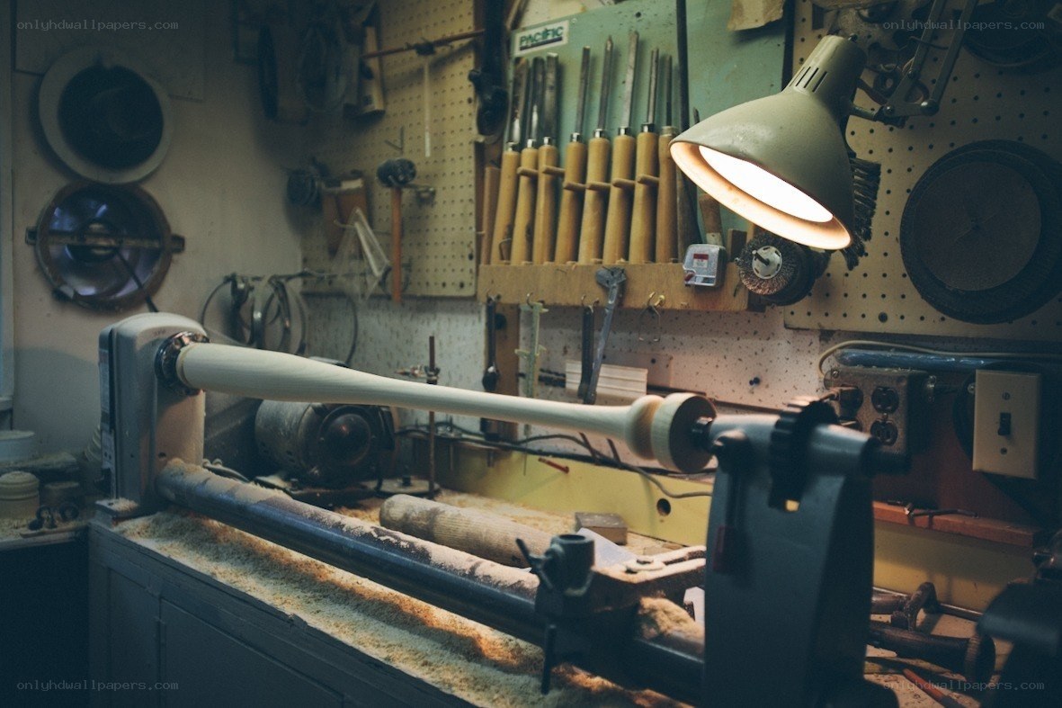 Woodworking shop with lathe