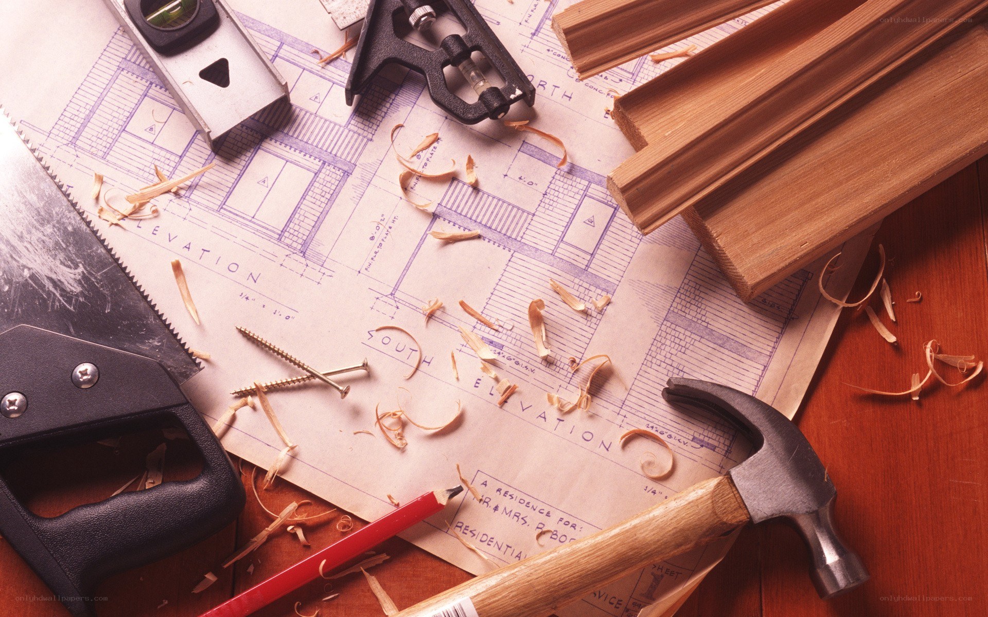 Woodworking tools and blueprints